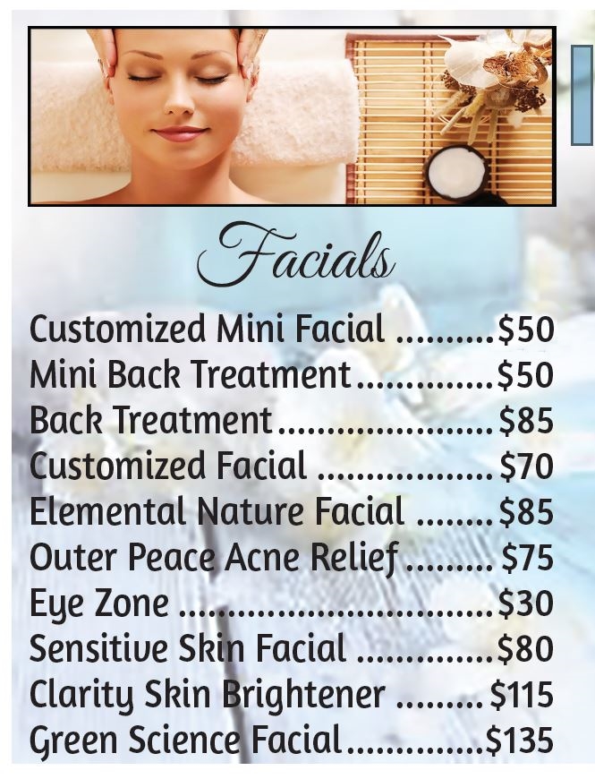 Facial service options and prices at Pace Massage